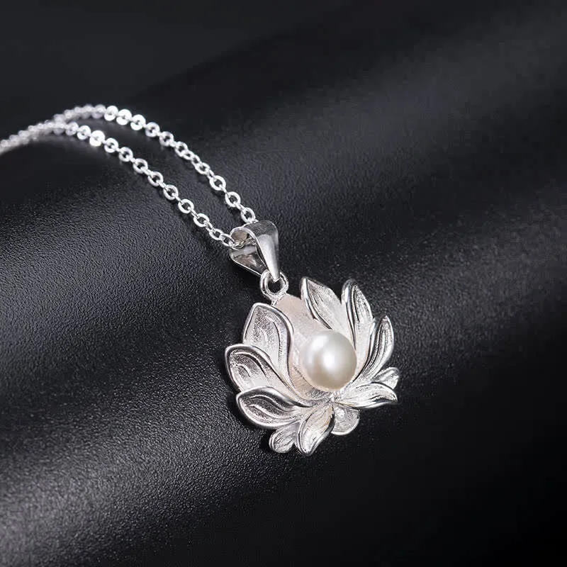 925 Sterling Silver Lotus Flower Pearl Wealth Necklace Pendant - Luck Muse Shop - Image 2