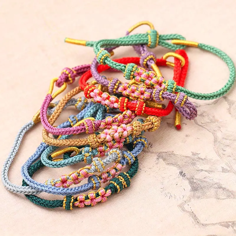 Braided String Bracelet with Handmade Three Peach Blossoms for Good Luck - Eight Strands - Image 17