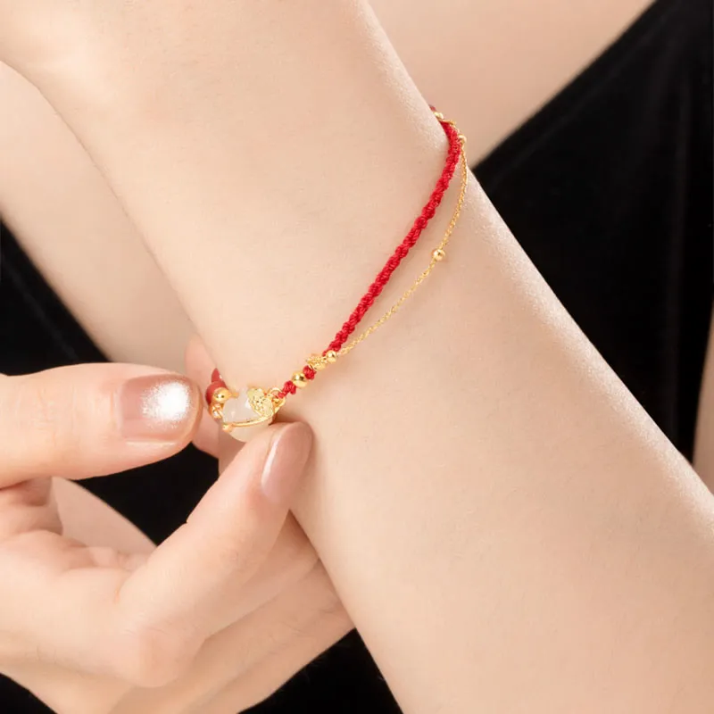 Luck Muse 925 Sterling Silver Plated 18K Gold Hetian Jade Ruyi Cat Cinnabar Luck Jewelry Set - Image 12