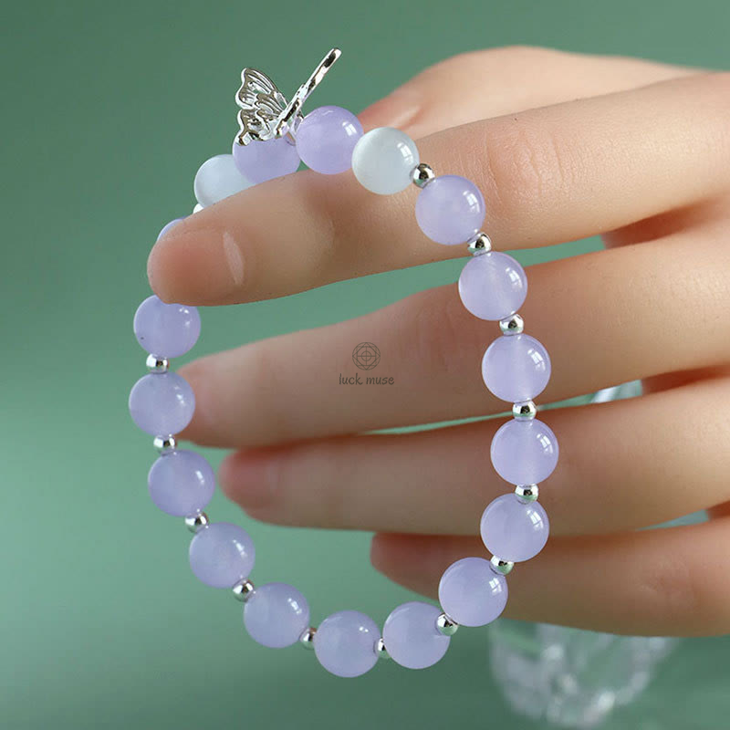 Blue Chalcedony and Pink Crystal Butterfly Energy Bracelet with Luck Muse - Image 8