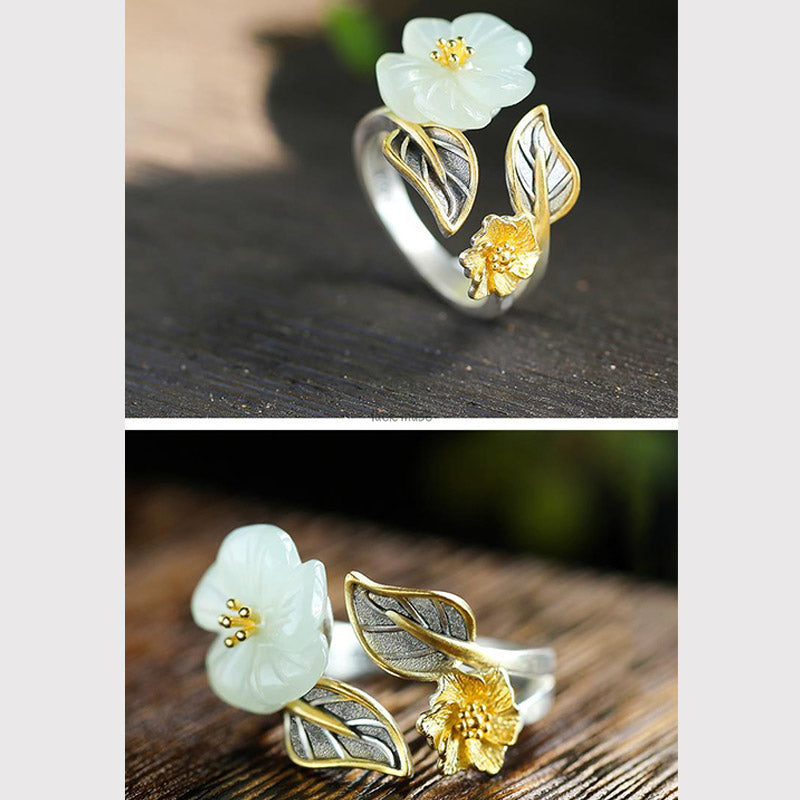 Luck Muse 925 Sterling Silver White Jade Plum Flower Leaf Luck Ring - Image 9