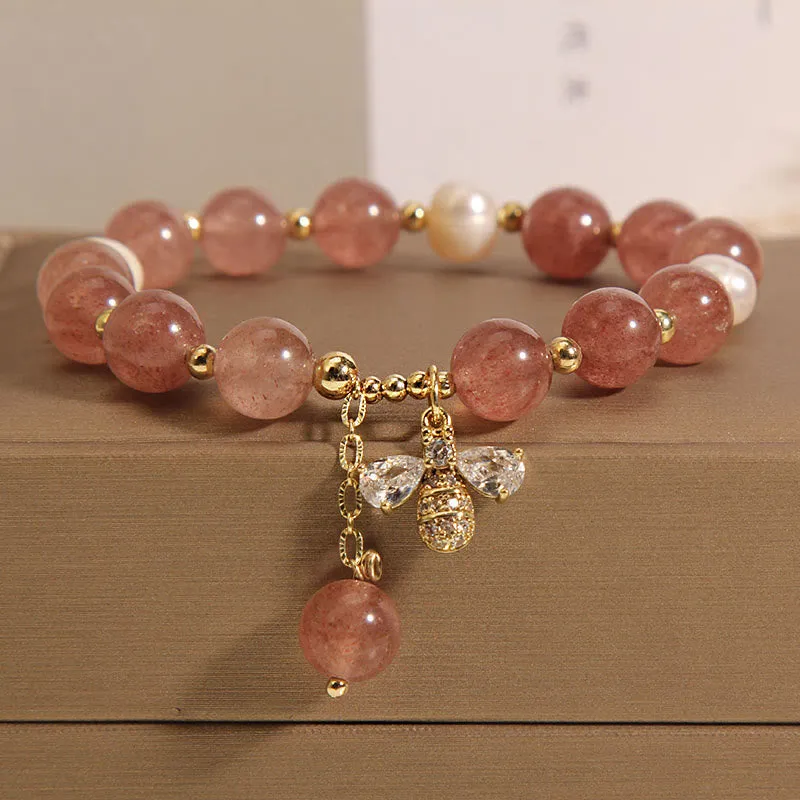 Strawberry Quartz Pearl Zircon Honeybee Charm Bracelet