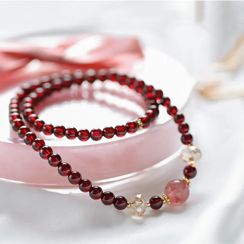 Luck Muse 14K Gold Plated Double Wrap Bracelet with Natural Garnet and Strawberry Quartz for Stability