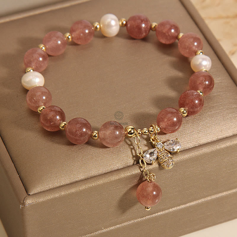 Strawberry Quartz Pearl Zircon Honeybee Charm Bracelet - Image 7