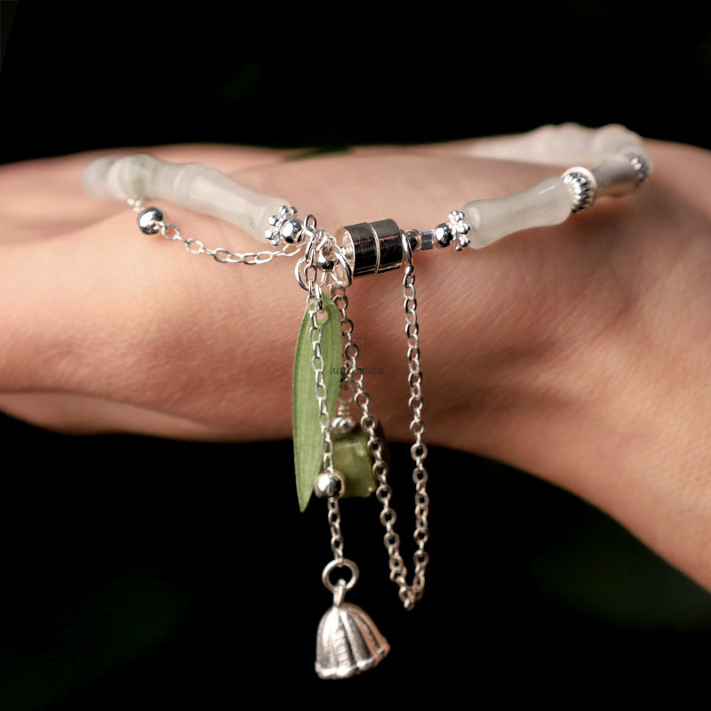 Bamboo Leaf Lantern Charm Happiness Bracelet with Natural White Jade in 925 Sterling Silver - Image 9