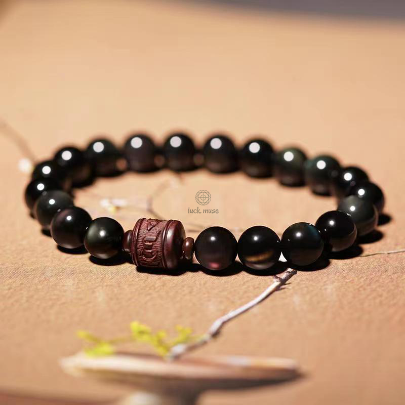 Natural Gold Sheen Obsidian Rainbow Obsidian Om Mani Padme Hum Healing Bracelet - Image 27