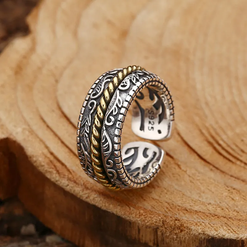 Tang Dynasty Flower Design 925 Sterling Silver Luck Muse Adjustable Ring with Luck Symbolism