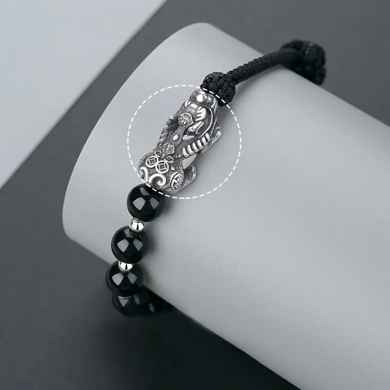 Luck Muse 999 Sterling Silver Feng Shui Pixiu Natural Black Obsidian Bracelet - Image 4