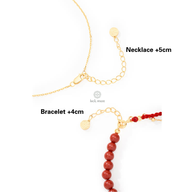 Luck Muse 925 Sterling Silver Plated 18K Gold Hetian Jade Ruyi Cat Cinnabar Luck Jewelry Set - Image 4