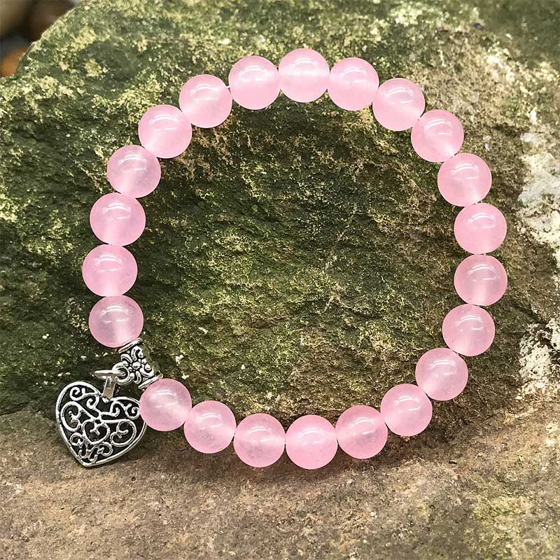 Handmade Natural Gemstone Heart Charm Stretch Bracelet for Luck and Love - Image 4
