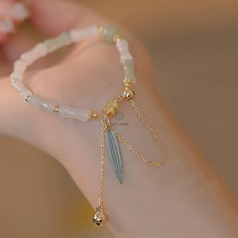Luck Muse 14K Gold Plated Hetian White Jade Bamboo Leaf Lucky Protection Bracelet - Image 6