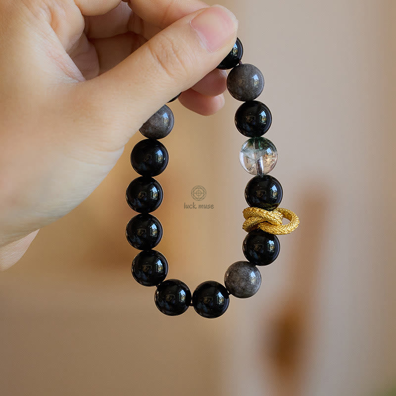 Luck Muse Natural Silver Sheen Obsidian Dragon Green Ghost Protection Bracelet - Image 10