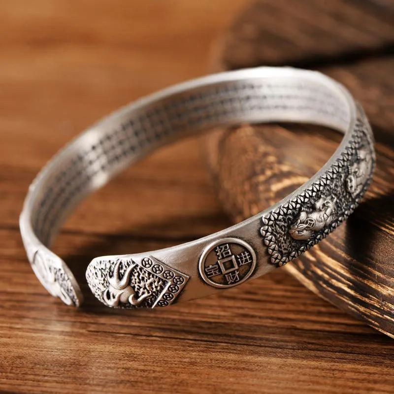 Tibetan PiXiu White Copper Wealth Bracelet with Heart Sutra Coin - Adjustable Bangle - Image 4