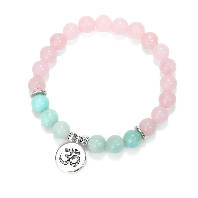 Natural Pink Crystal Amazonite Buddha Bracelet with Lotus and OM Symbol - Image 12