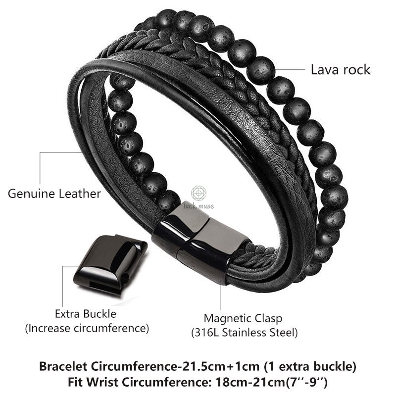 Natural Lava Rock Frosted Stone Bead Leather Bracelet with Black Onyx Accents - Image 4