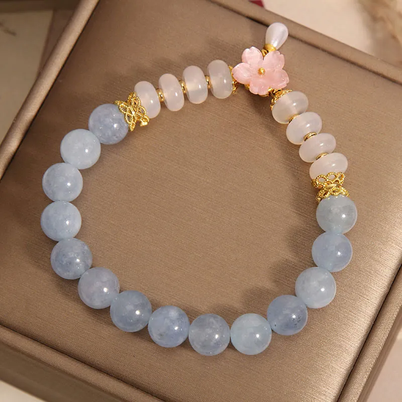 Aquamarine White Agate, Pearl and Abacus Beads Healing Bracelet with Luck Muse - Image 5