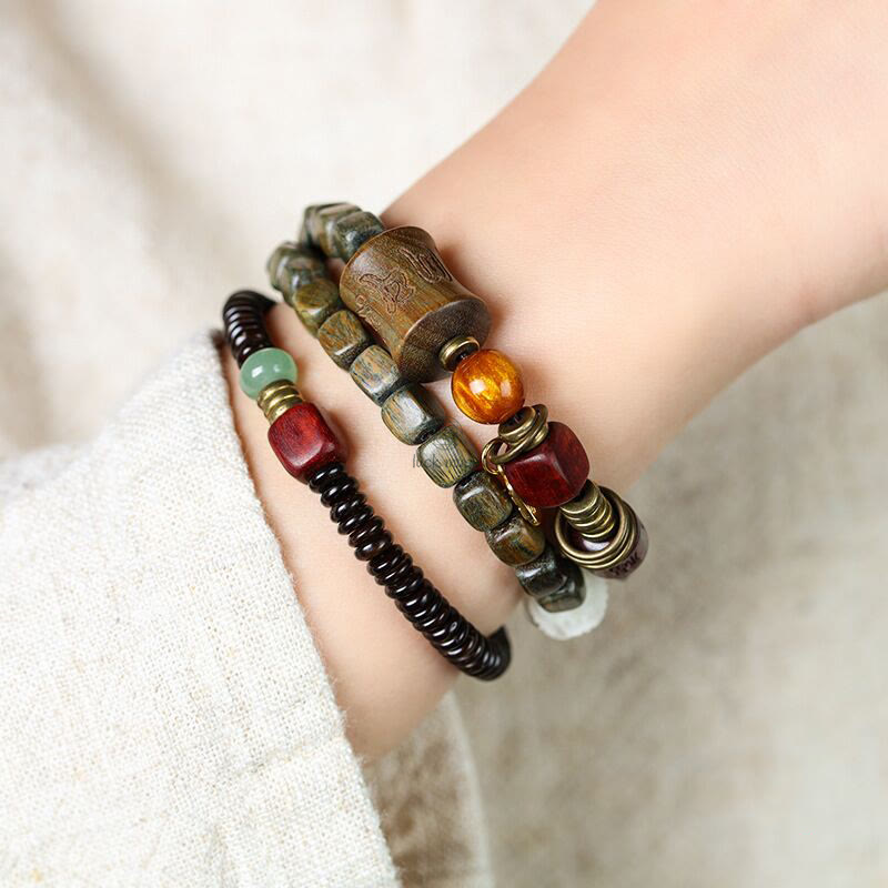 Green Sandalwood Ebony Om Mani Padme Hum Engraved Peace Triple Wrap Bracelet with Luck Muse - Image 2