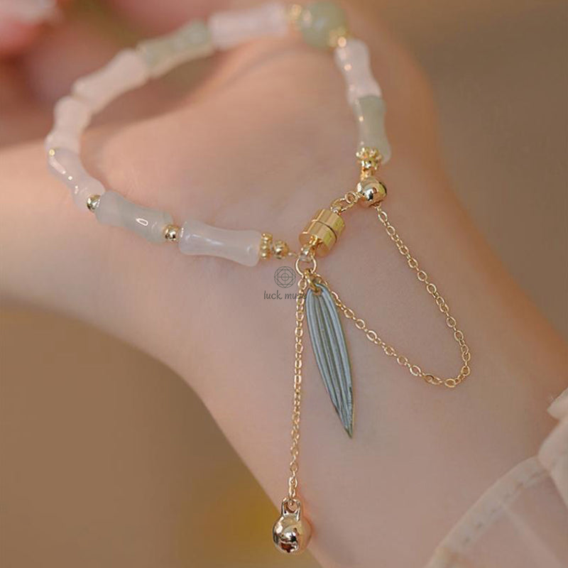Luck Muse 14K Gold Plated Hetian White Jade Bamboo Leaf Lucky Protection Bracelet - Image 7