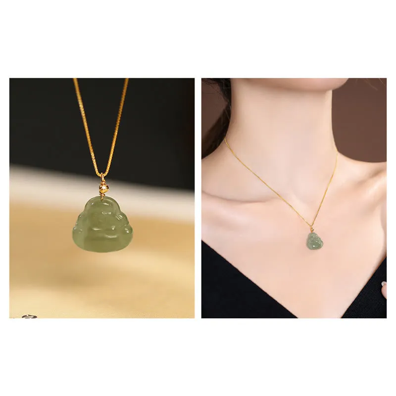 Luck Muse 925 Sterling Silver Hetian and Cyan Jade Luck Laughing Buddha Butterfly Necklace Pendant - Image 5