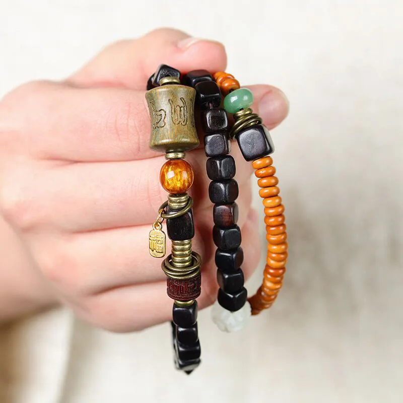 Green Sandalwood Ebony Om Mani Padme Hum Engraved Peace Triple Wrap Bracelet with Luck Muse - Image 15
