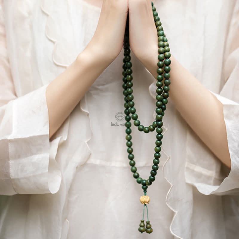 Luck Muse 108 Mala Beads Bracelet with Green Sandalwood Boxwood Lotus Design - Image 7