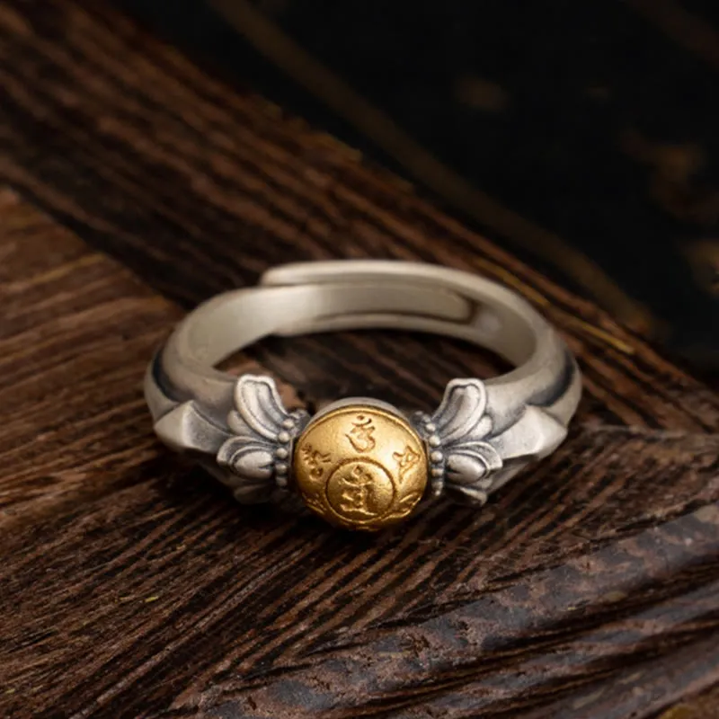Luck Muse 925 Sterling Silver Peace Mantra Adjustable Ring with Manjusri and Om Mani Padme Hum