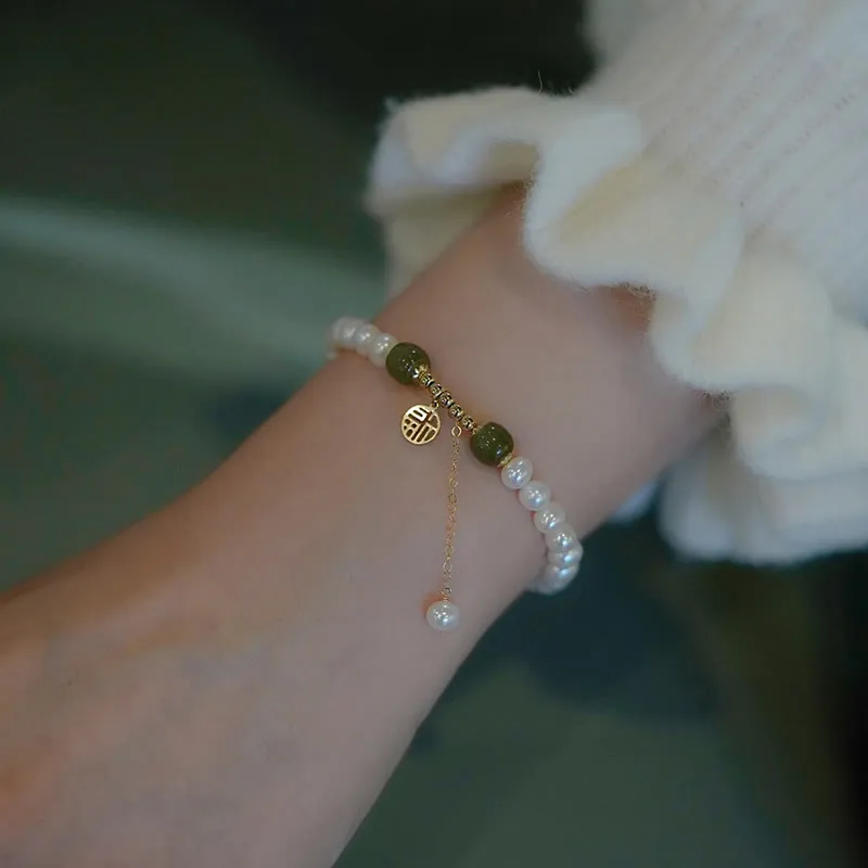 Natural Pearl Hetian Jade Happiness Wisdom Bracelet - Image 2