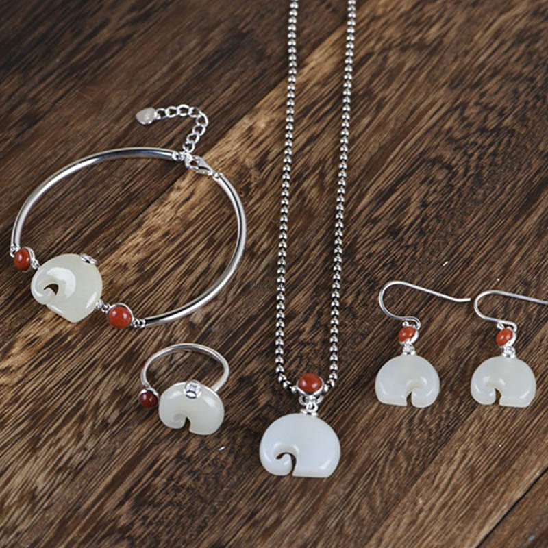 Luck Muse 925 Sterling Silver Elephant Hetian Jade Abundance Jewelry Set - Image 2