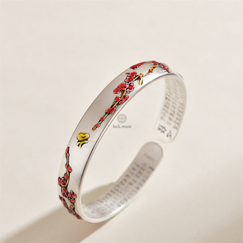 Luck Muse Plum Blossom Chrysanthemum Flower Heart Sutra Healing Bracelet Cuff Bangle