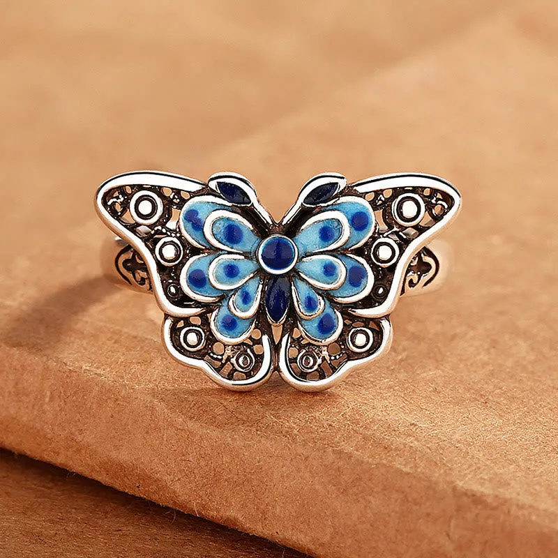 Blue Butterfly Enamel Hollow Love Ring by Luck Muse Shop - Image 2