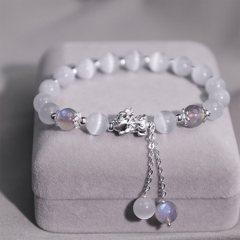 Luck Muse Cat's Eye Moonstone Strawberry Quartz PiXiu Bracelet - Image 4