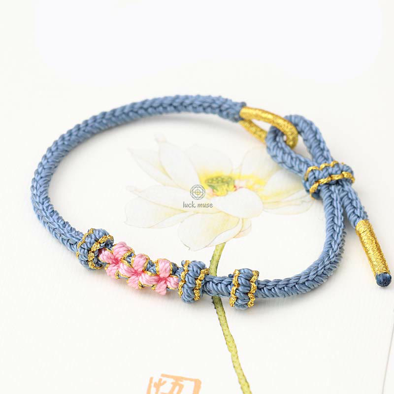 Braided String Bracelet with Handmade Three Peach Blossoms for Good Luck - Eight Strands