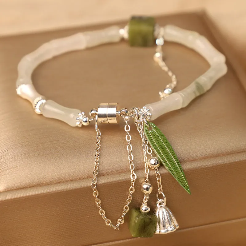 Bamboo Leaf Lantern Charm Happiness Bracelet with Natural White Jade in 925 Sterling Silver - Image 7