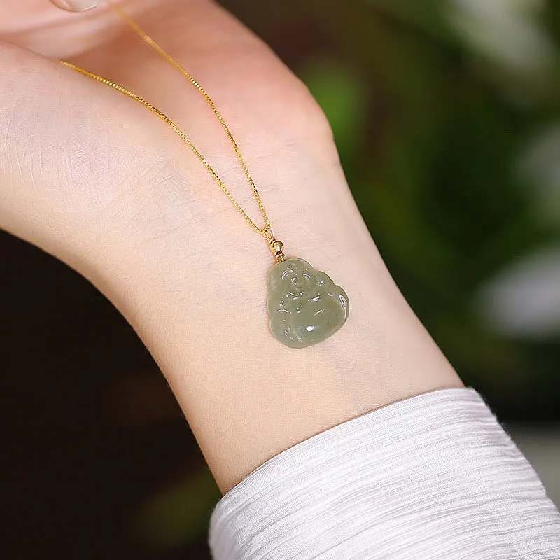 Luck Muse 925 Sterling Silver Hetian and Cyan Jade Luck Laughing Buddha Butterfly Necklace Pendant - Image 2