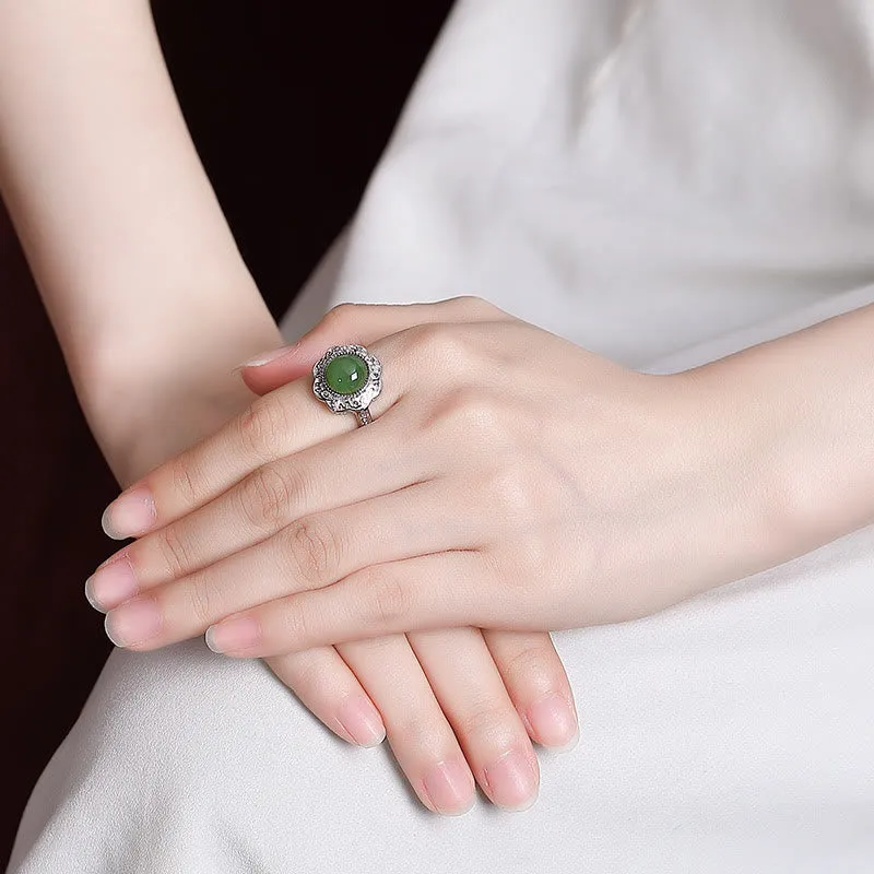 Luck Muse 925 Sterling Silver Hetian Cyan Jade Floral Luck Ring - Image 4