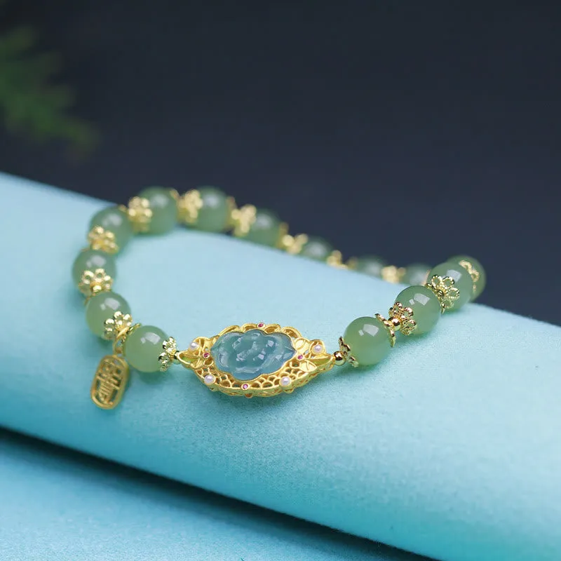 925 Sterling Silver Bracelet with 14K Gold Plating and Hetian Jade Lotus Charm for Good Luck - Image 2