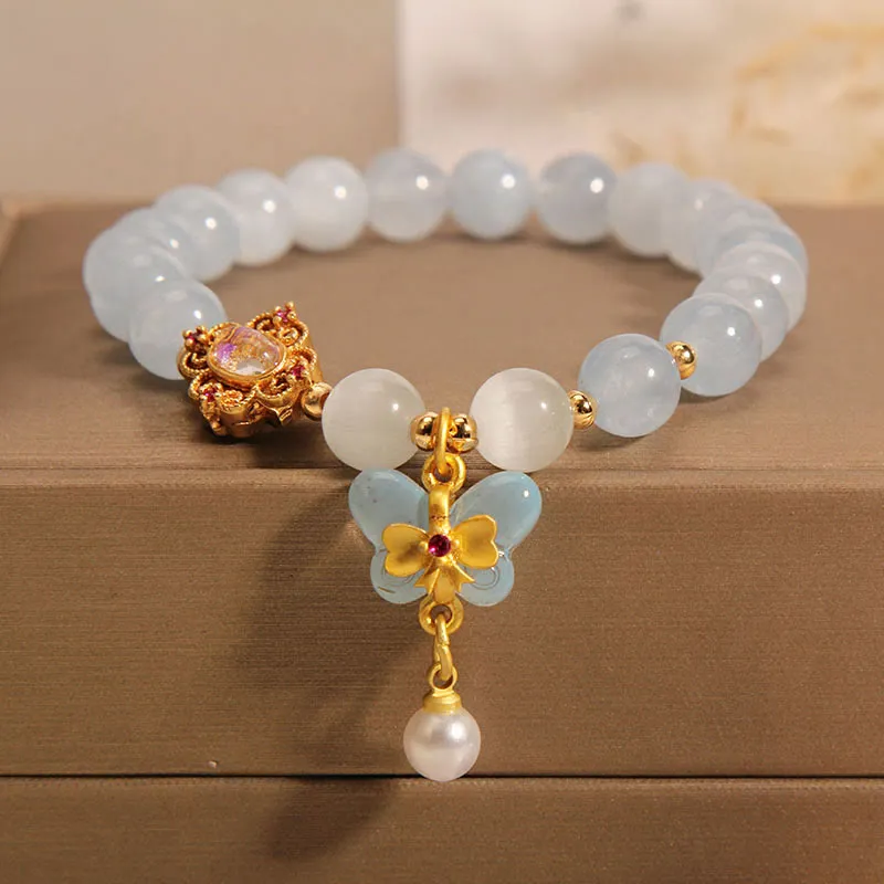 Luck Muse Aquamarine Cat's Eye Butterfly Pearl Healing Charm Bracelet - Image 5