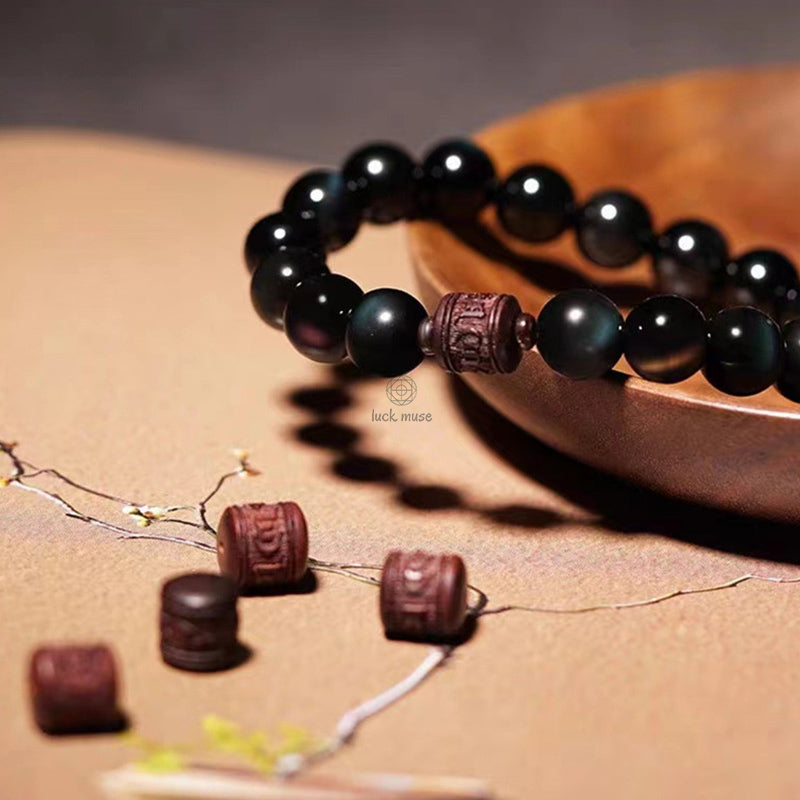 Natural Gold Sheen Obsidian Rainbow Obsidian Om Mani Padme Hum Healing Bracelet - Image 28