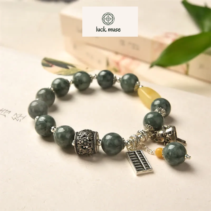 925 Sterling Silver Cyan Jade Amber Lucky Cat Abacus Success Bracelet - Image 2