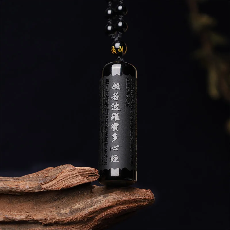 Natural Black Obsidian Luck Muse Heart Sutra Necklace Pendant
