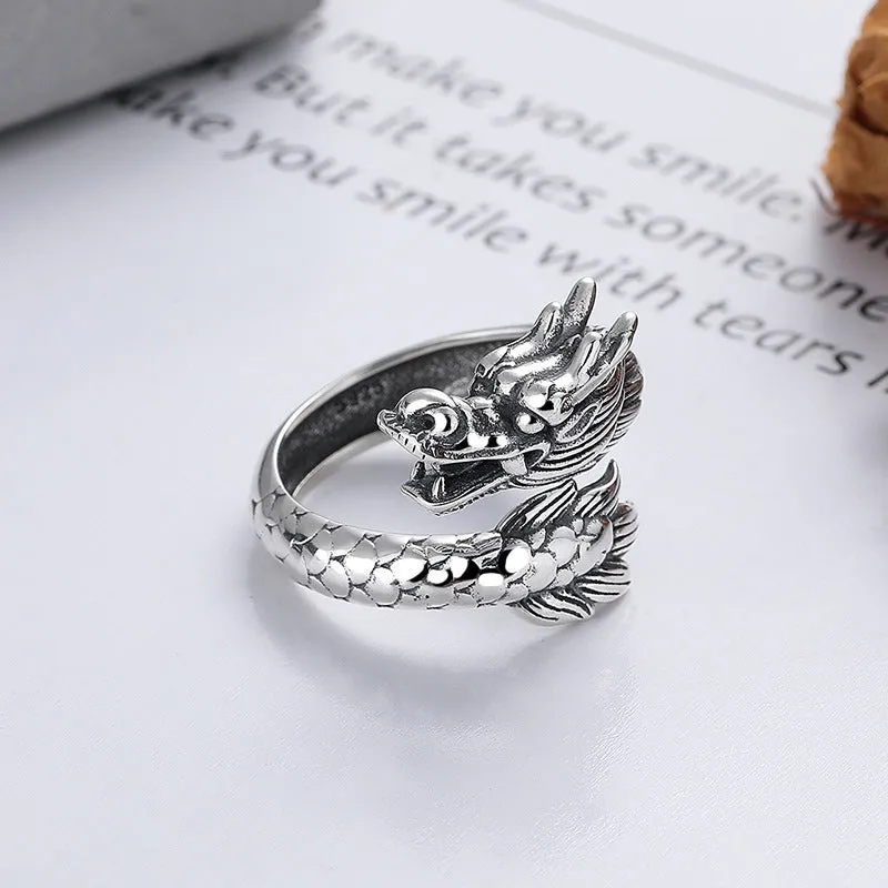 Luck Muse Year of the Dragon Sterling Silver Adjustable Ring for Luck and Strength