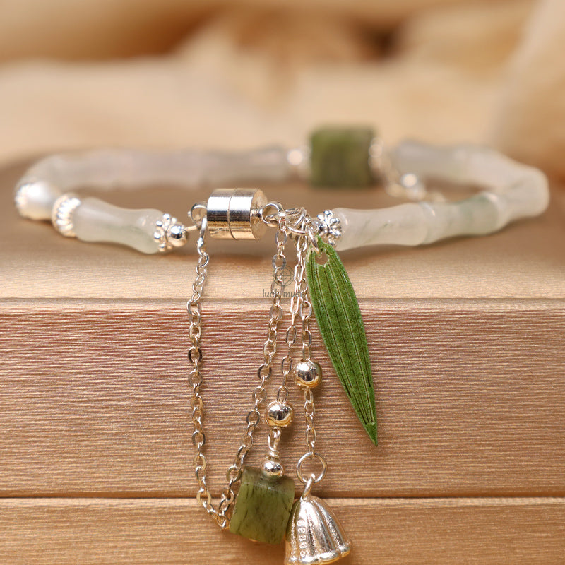 Bamboo Leaf Lantern Charm Happiness Bracelet with Natural White Jade in 925 Sterling Silver - Image 2
