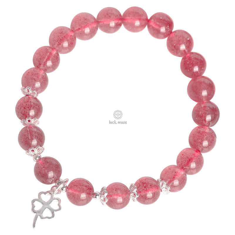 Luck Muse 925 Silver Strawberry Quartz Four Leaf Clover Love Bracelet - Image 9
