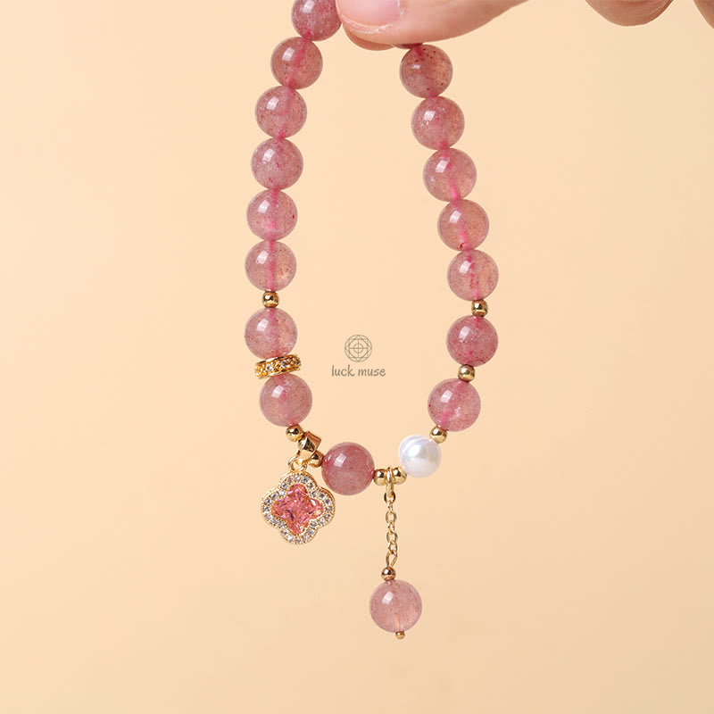 Luck Muse Strawberry Quartz and Pearl Four Leaf Clover Charm Bracelet for Healing - Image 7