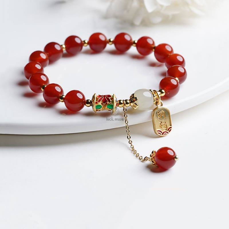 Natural Red Agate and Hetian Jade Fu Character Confidence Bracelet