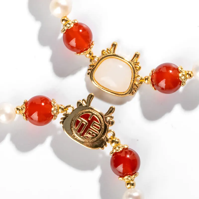Luck Muse Year of the Dragon 14K Gold-Plated Red Agate Pearl Fu Character Chain Bracelet - Image 7