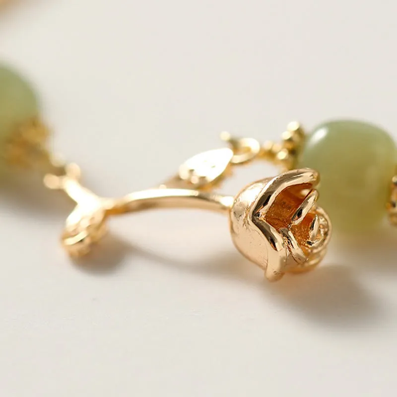 Luck Muse 14K Gold Plated Hetian Jade Rose Flower Luck Chain Bracelet - Image 5