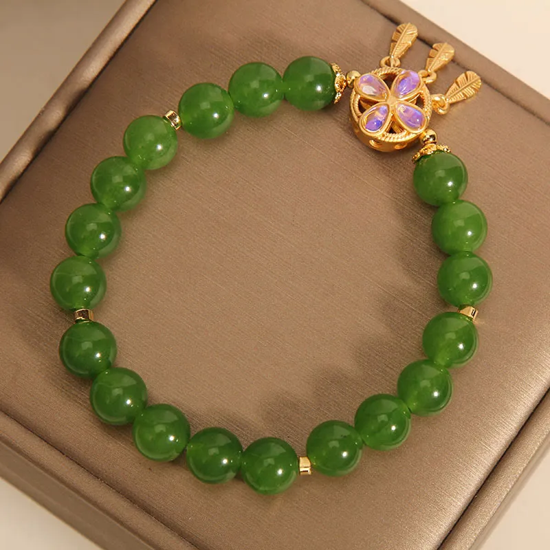 Natural Green Jade Dreamcatcher Four Leaf Clover Luck Bracelet crafted by Luck Muse Shop - Image 4