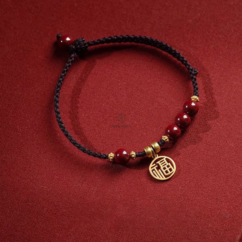 Braided Cinnabar Bead Bracelet with Fu Character Charm by Luck Muse Shop - Image 2