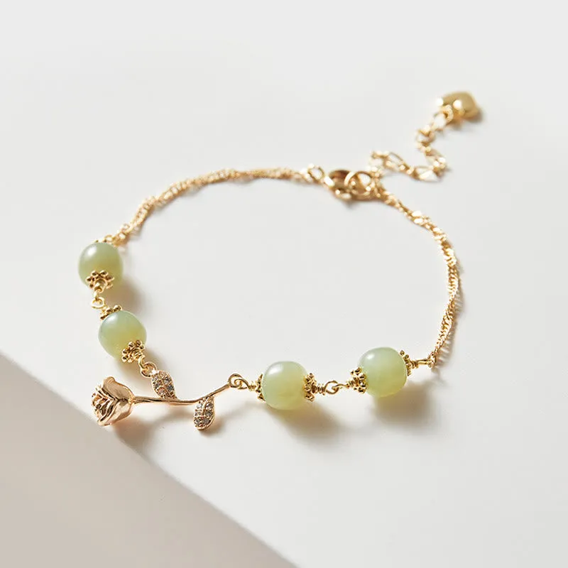 Luck Muse 14K Gold Plated Hetian Jade Rose Flower Luck Chain Bracelet